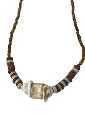 Handmade Beaded Necklace Earth Tone Seashell Tribal Beach Core Choker 15"